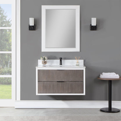 Altair Dione 36" Single Classical Gray Wall-Mounted Bathroom Vanity Set With Mirror, Aosta White Composite Stone Top, Single Rectangular Undermount Ceramic Sink, Overflow, and Backsplash