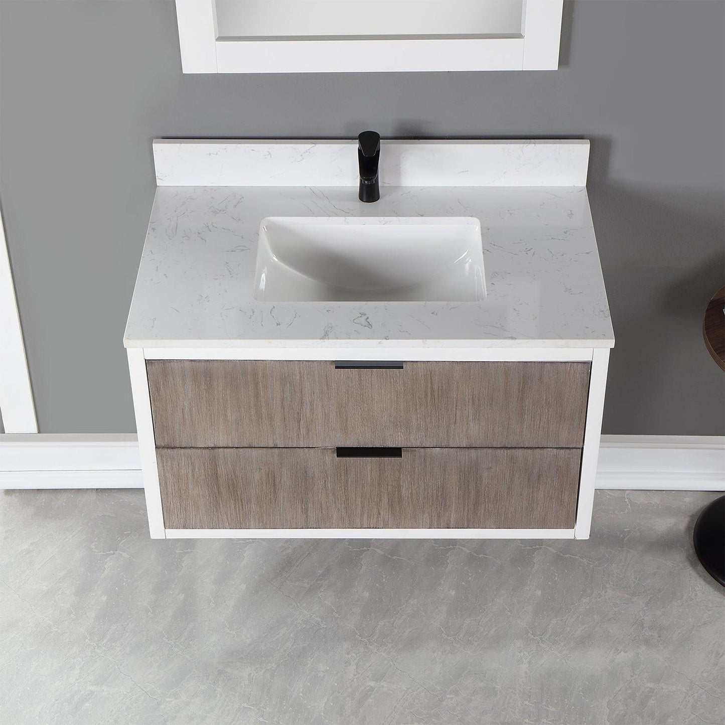 Altair Dione 36" Single Classical Gray Wall-Mounted Bathroom Vanity Set With Mirror, Aosta White Composite Stone Top, Single Rectangular Undermount Ceramic Sink, Overflow, and Backsplash