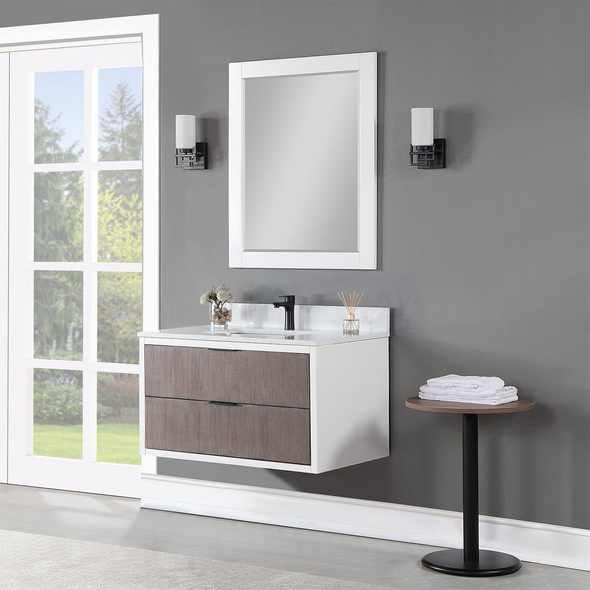 Altair Dione 36" Single Classical Gray Wall-Mounted Bathroom Vanity Set With Mirror, Aosta White Composite Stone Top, Single Rectangular Undermount Ceramic Sink, Overflow, and Backsplash