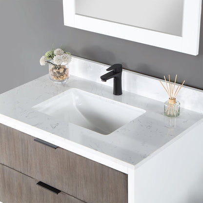 Altair Dione 36" Single Classical Gray Wall-Mounted Bathroom Vanity Set With Mirror, Aosta White Composite Stone Top, Single Rectangular Undermount Ceramic Sink, Overflow, and Backsplash