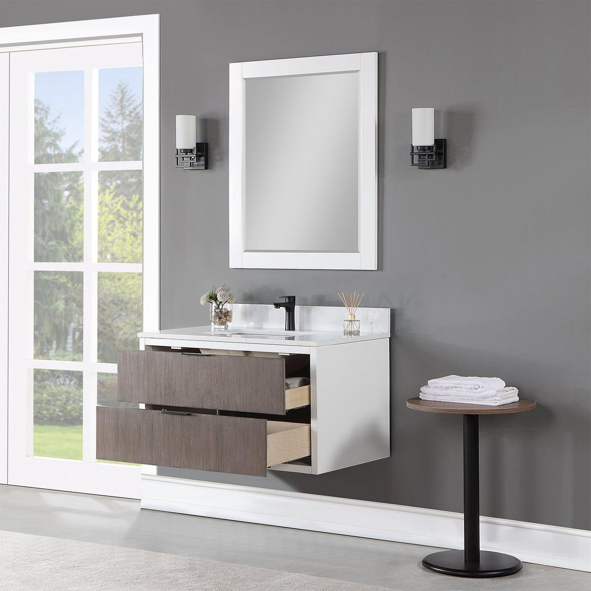 Altair Dione 36" Single Classical Gray Wall-Mounted Bathroom Vanity Set With Mirror, Aosta White Composite Stone Top, Single Rectangular Undermount Ceramic Sink, Overflow, and Backsplash