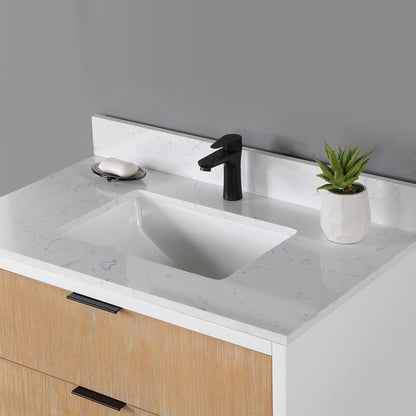 Altair Dione 36" Single Weathered Pine Wall-Mounted Bathroom Vanity Set With Aosta White Composite Stone Top, Single Rectangular Undermount Ceramic Sink, Overflow, and Backsplash