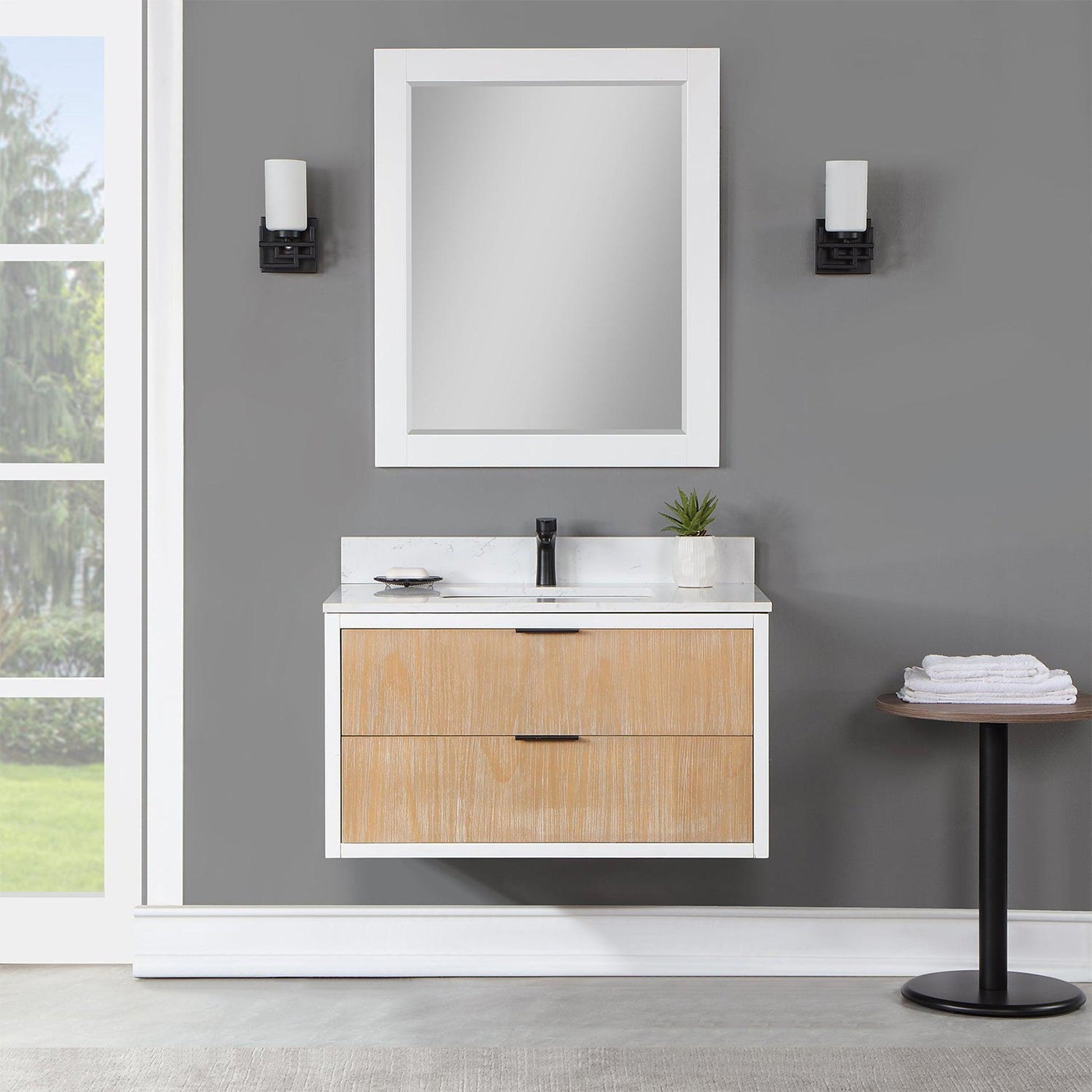 Altair Dione 36" Single Weathered Pine Wall-Mounted Bathroom Vanity Set With Mirror, Aosta White Composite Stone Top, Single Rectangular Undermount Ceramic Sink, Overflow, and Backsplash