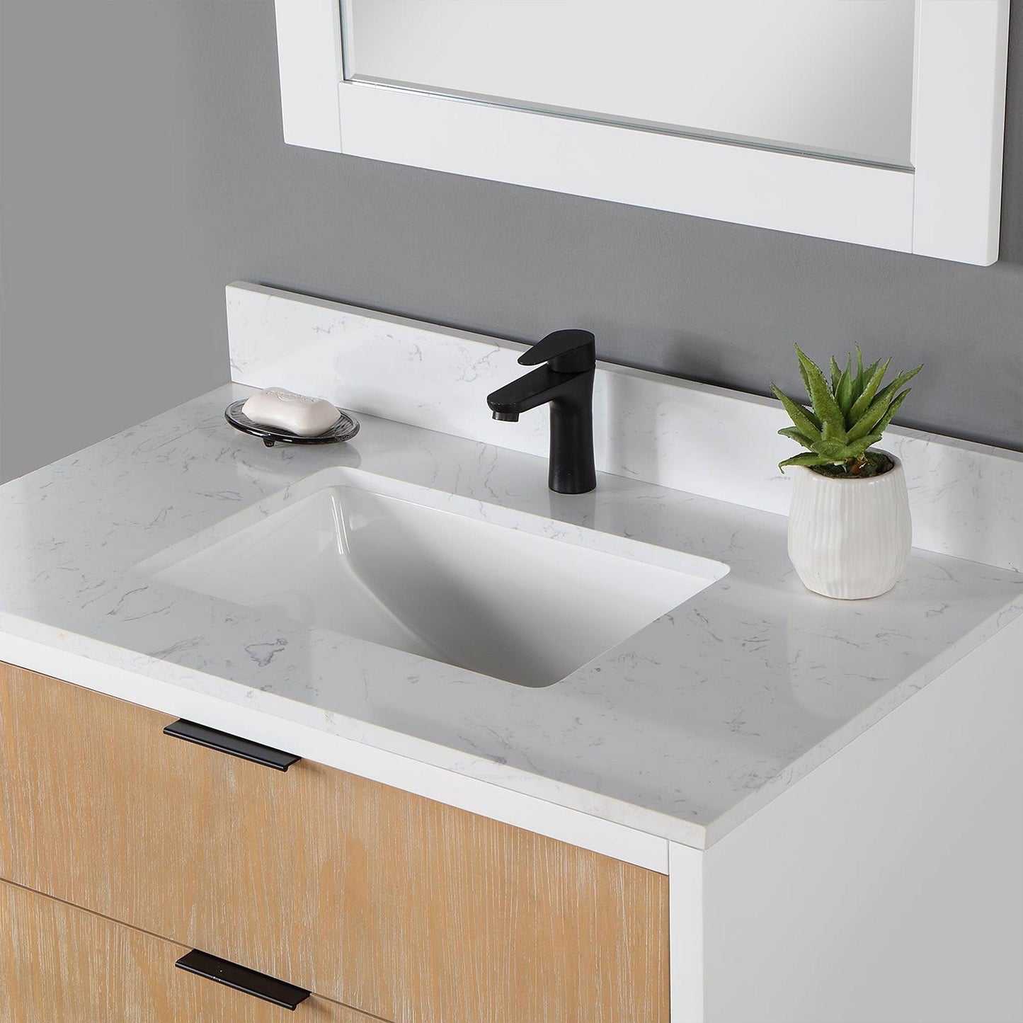 Altair Dione 36" Single Weathered Pine Wall-Mounted Bathroom Vanity Set With Mirror, Aosta White Composite Stone Top, Single Rectangular Undermount Ceramic Sink, Overflow, and Backsplash