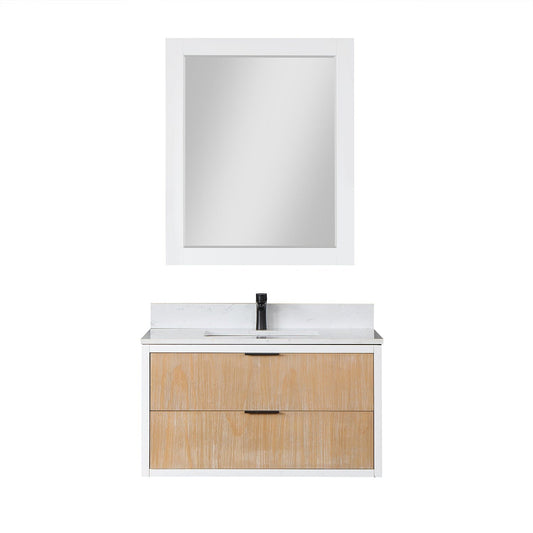 Altair Dione 36" Single Weathered Pine Wall-Mounted Bathroom Vanity Set With Mirror, Aosta White Composite Stone Top, Single Rectangular Undermount Ceramic Sink, Overflow, and Backsplash