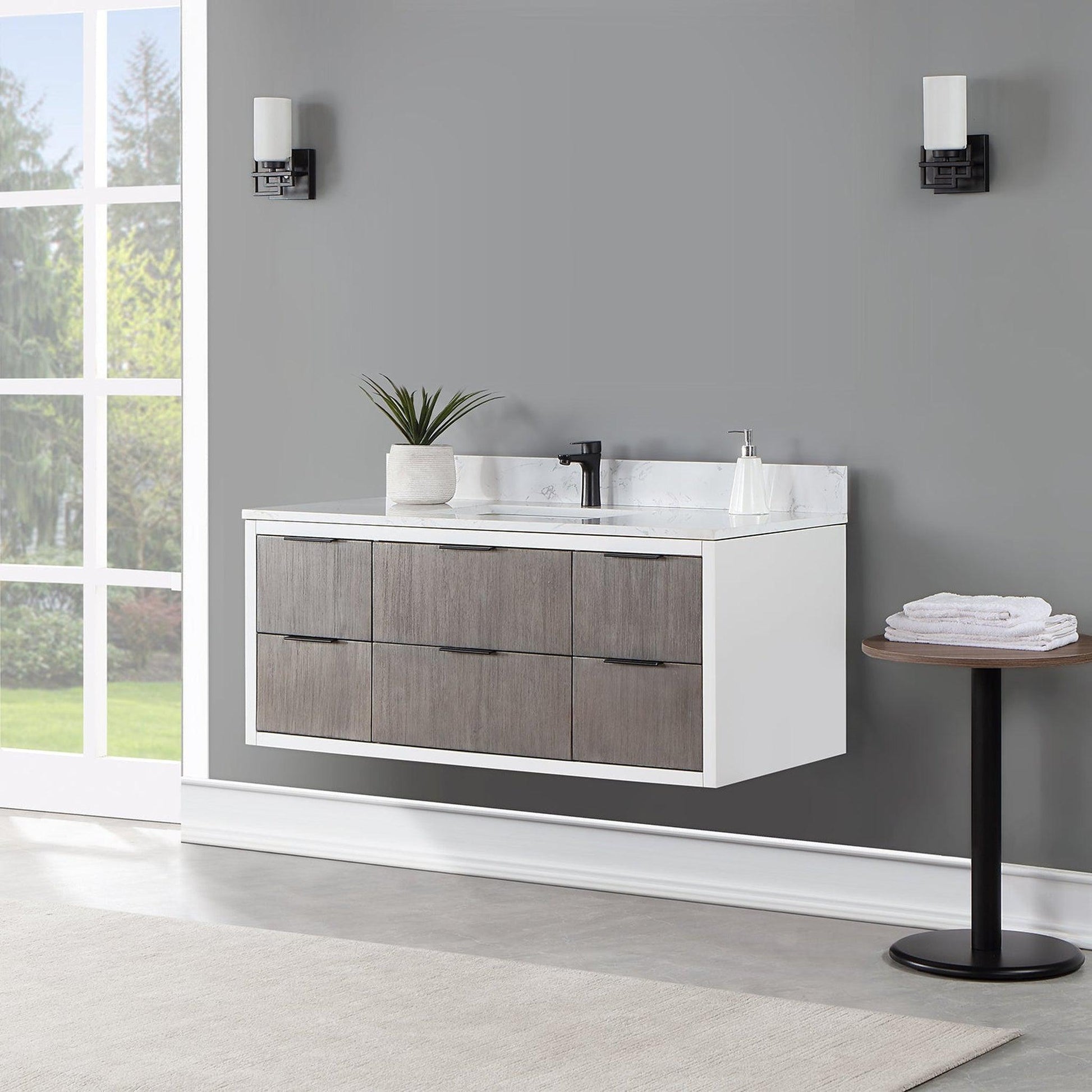 Altair Dione 48" Single Classical Gray Wall-Mounted Bathroom Vanity Set With Aosta White Composite Stone Top, Single Rectangular Undermount Ceramic Sink, Overflow, and Backsplash