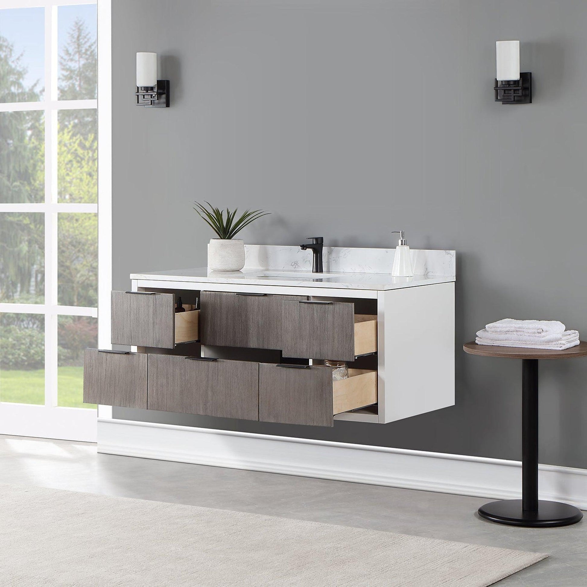Altair Dione 48" Single Classical Gray Wall-Mounted Bathroom Vanity Set With Aosta White Composite Stone Top, Single Rectangular Undermount Ceramic Sink, Overflow, and Backsplash