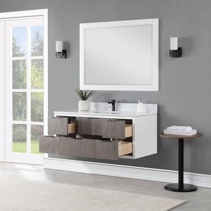 Altair Dione 48" Single Classical Gray Wall-Mounted Bathroom Vanity Set With Mirror, Aosta White Composite Stone Top, Single Rectangular Undermount Ceramic Sink, Overflow, and Backsplash