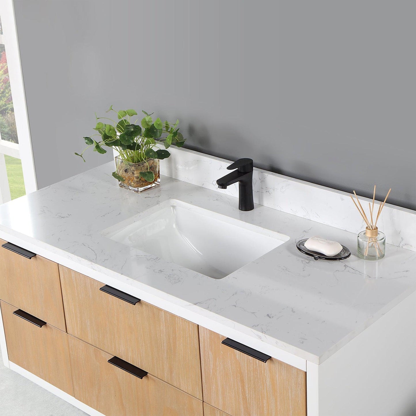 Altair Dione 48" Single Weathered Pine Wall-Mounted Bathroom Vanity Set With Aosta White Composite Stone Top, Single Rectangular Undermount Ceramic Sink, Overflow, and Backsplash