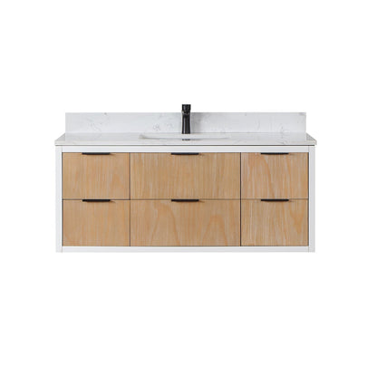 Altair Dione 48" Single Weathered Pine Wall-Mounted Bathroom Vanity Set With Aosta White Composite Stone Top, Single Rectangular Undermount Ceramic Sink, Overflow, and Backsplash