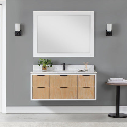 Altair Dione 48" Single Weathered Pine Wall-Mounted Bathroom Vanity Set With Mirror, Aosta White Composite Stone Top, Single Rectangular Undermount Ceramic Sink, Overflow, and Backsplash
