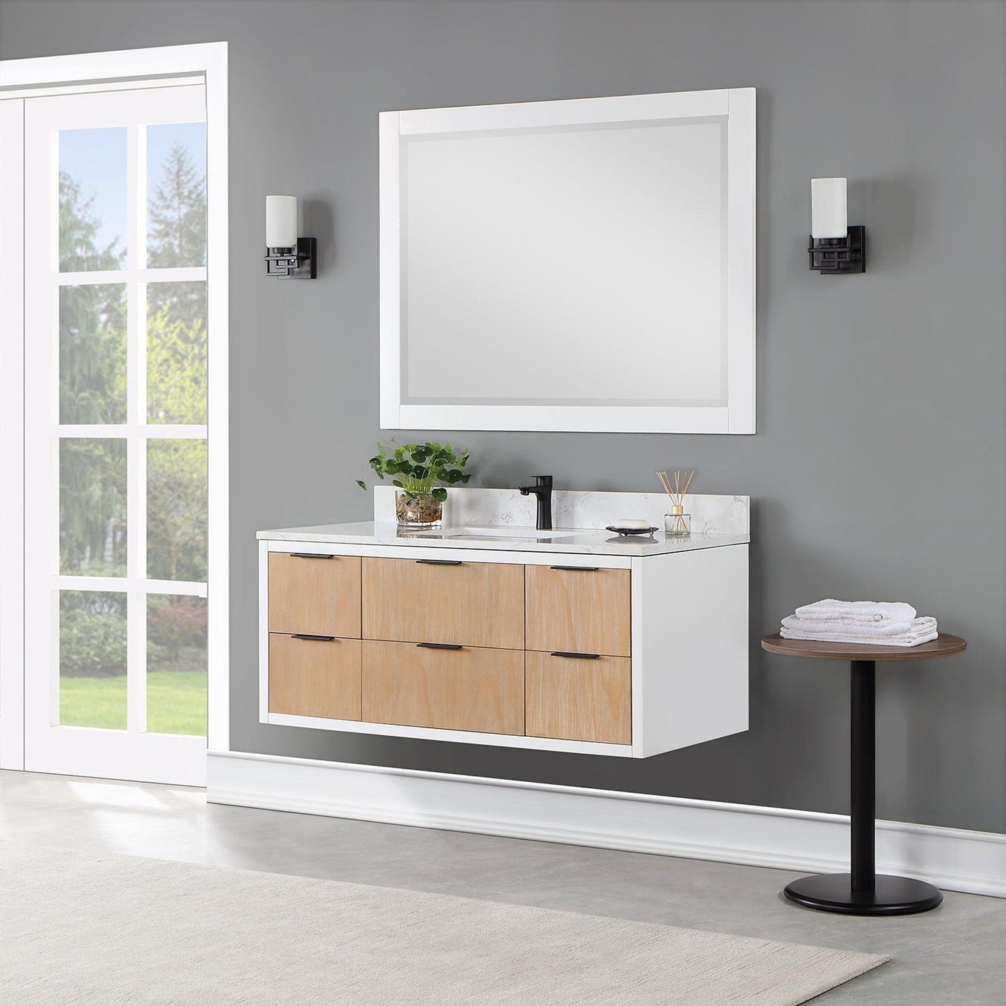 Altair Dione 48" Single Weathered Pine Wall-Mounted Bathroom Vanity Set With Mirror, Aosta White Composite Stone Top, Single Rectangular Undermount Ceramic Sink, Overflow, and Backsplash