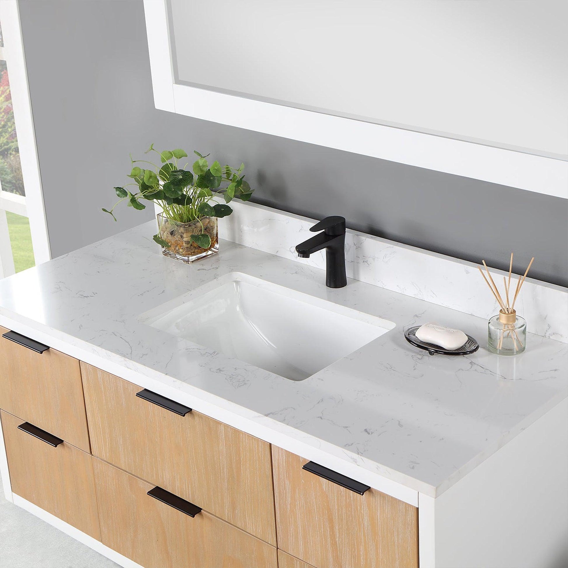 Altair Dione 48" Single Weathered Pine Wall-Mounted Bathroom Vanity Set With Mirror, Aosta White Composite Stone Top, Single Rectangular Undermount Ceramic Sink, Overflow, and Backsplash