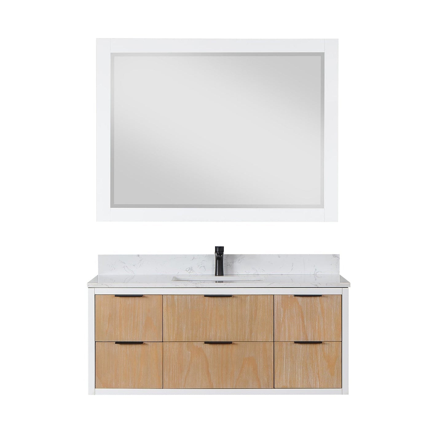 Altair Dione 48" Single Weathered Pine Wall-Mounted Bathroom Vanity Set With Mirror, Aosta White Composite Stone Top, Single Rectangular Undermount Ceramic Sink, Overflow, and Backsplash