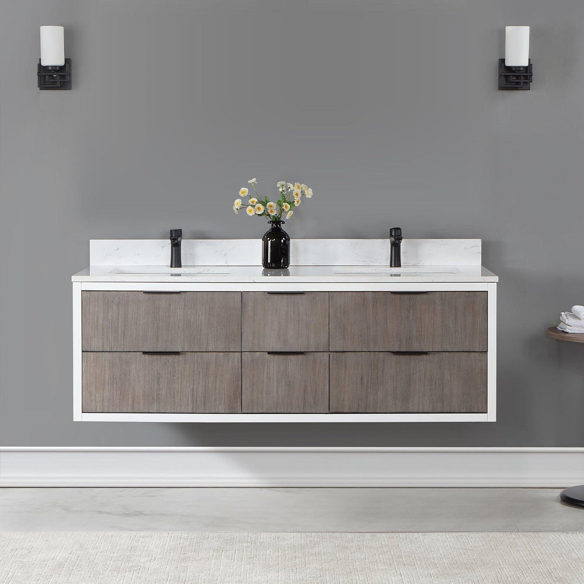 Altair Dione 60" Double Classical Gray Wall-Mounted Bathroom Vanity Set With Aosta White Composite Stone Top, Double Rectangular Undermount Ceramic Sinks, Overflow, and Backsplash