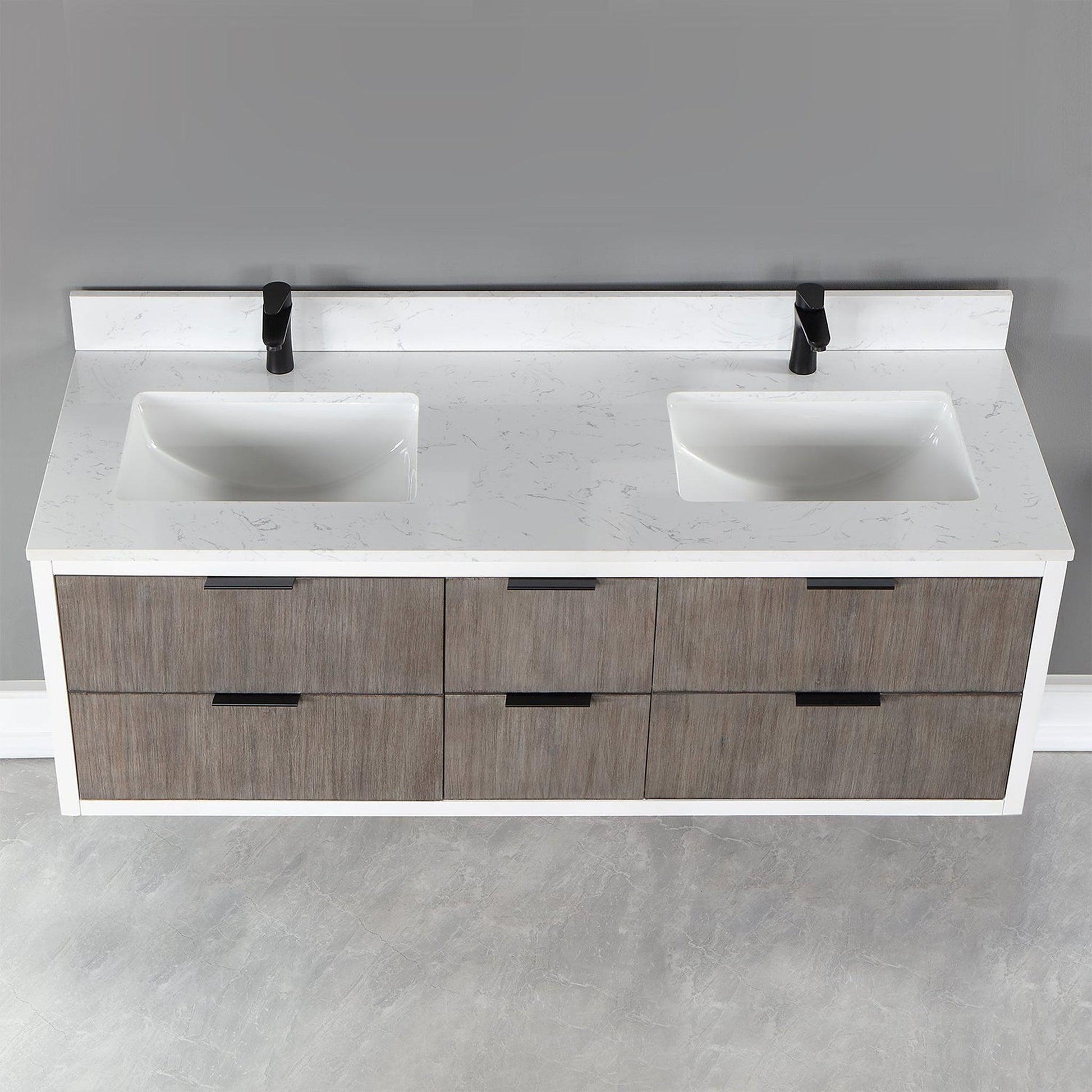 Altair Dione 60" Double Classical Gray Wall-Mounted Bathroom Vanity Set With Aosta White Composite Stone Top, Double Rectangular Undermount Ceramic Sinks, Overflow, and Backsplash