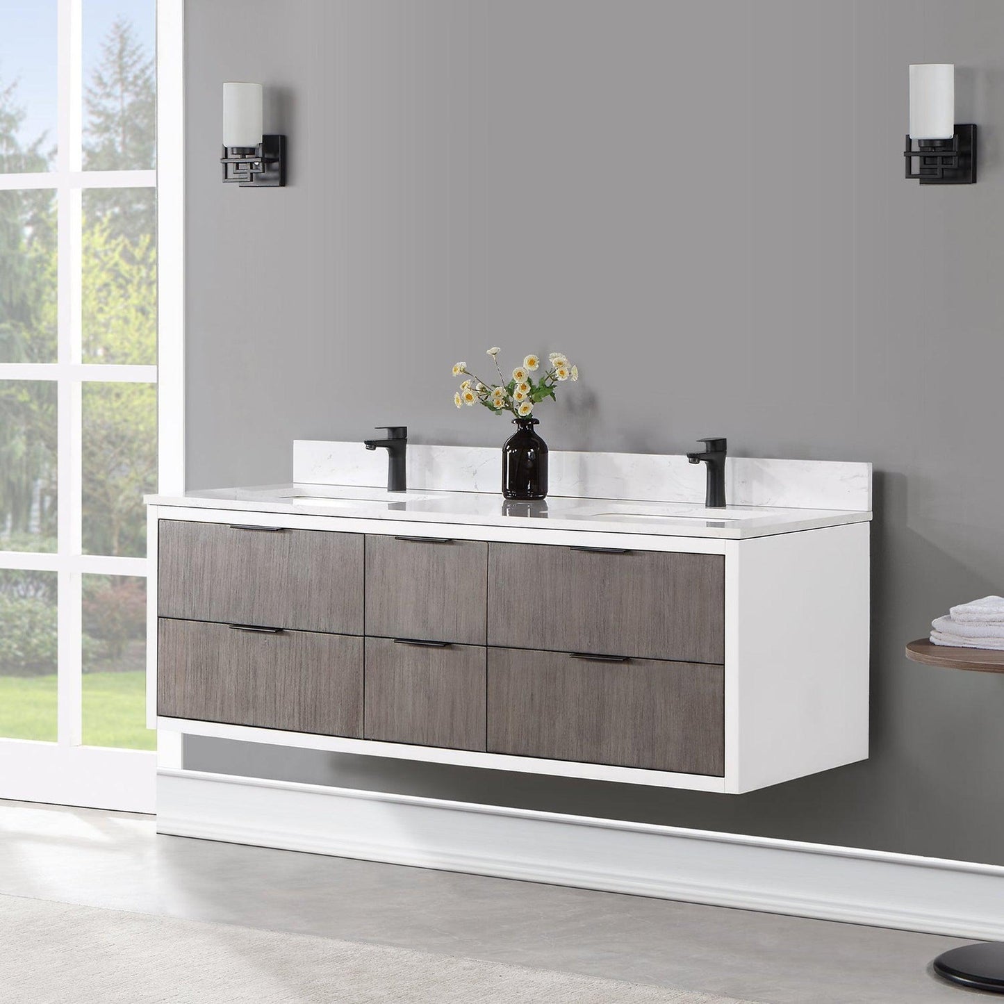 Altair Dione 60" Double Classical Gray Wall-Mounted Bathroom Vanity Set With Aosta White Composite Stone Top, Double Rectangular Undermount Ceramic Sinks, Overflow, and Backsplash