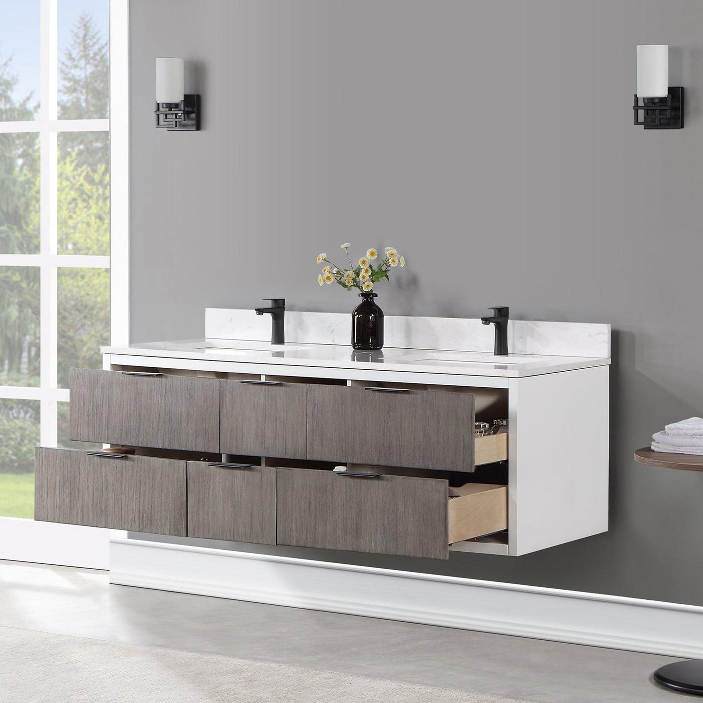 Altair Dione 60" Double Classical Gray Wall-Mounted Bathroom Vanity Set With Aosta White Composite Stone Top, Double Rectangular Undermount Ceramic Sinks, Overflow, and Backsplash