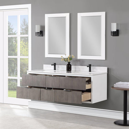 Altair Dione 60" Double Classical Gray Wall-Mounted Bathroom Vanity Set With Mirror, Aosta White Composite Stone Top, Double Rectangular Undermount Ceramic Sinks, Overflow, and Backsplash