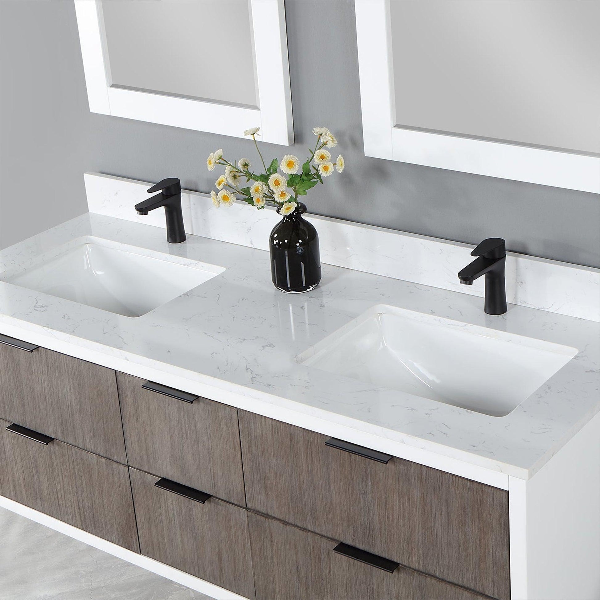 Altair Dione 60" Double Classical Gray Wall-Mounted Bathroom Vanity Set With Mirror, Aosta White Composite Stone Top, Double Rectangular Undermount Ceramic Sinks, Overflow, and Backsplash