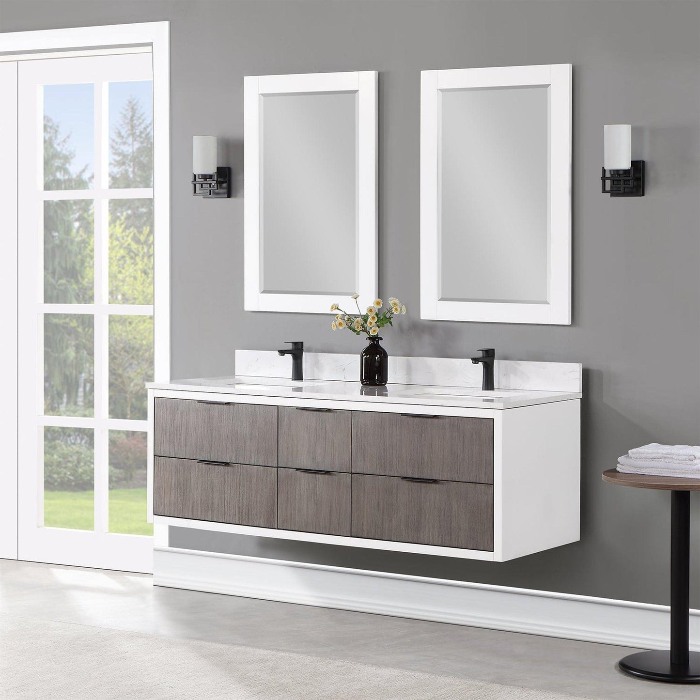 Altair Dione 60" Double Classical Gray Wall-Mounted Bathroom Vanity Set With Mirror, Aosta White Composite Stone Top, Double Rectangular Undermount Ceramic Sinks, Overflow, and Backsplash