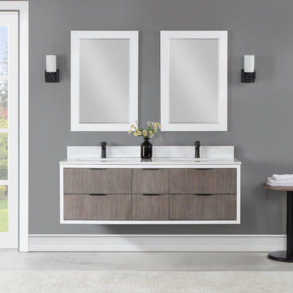 Altair Dione 60" Double Classical Gray Wall-Mounted Bathroom Vanity Set With Mirror, Aosta White Composite Stone Top, Double Rectangular Undermount Ceramic Sinks, Overflow, and Backsplash