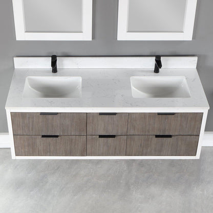 Altair Dione 60" Double Classical Gray Wall-Mounted Bathroom Vanity Set With Mirror, Aosta White Composite Stone Top, Double Rectangular Undermount Ceramic Sinks, Overflow, and Backsplash