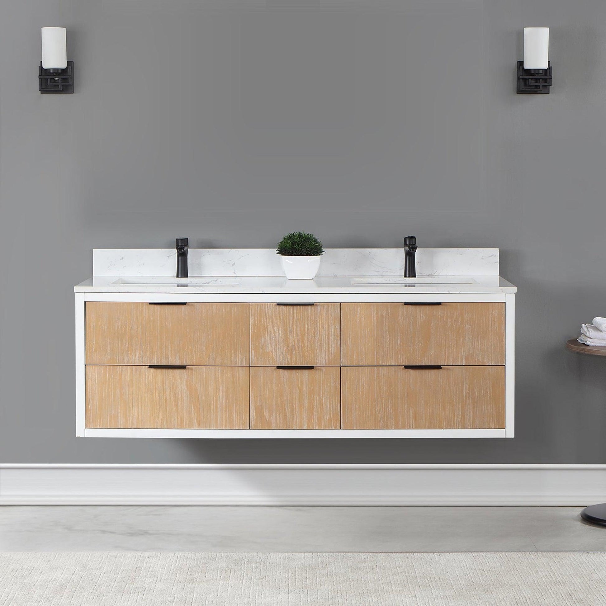 Altair Dione 60" Double Weathered Pine Wall-Mounted Bathroom Vanity Set With Aosta White Composite Stone Top, Double Rectangular Undermount Ceramic Sinks, Overflow, and Backsplash