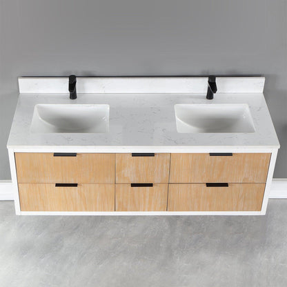 Altair Dione 60" Double Weathered Pine Wall-Mounted Bathroom Vanity Set With Aosta White Composite Stone Top, Double Rectangular Undermount Ceramic Sinks, Overflow, and Backsplash