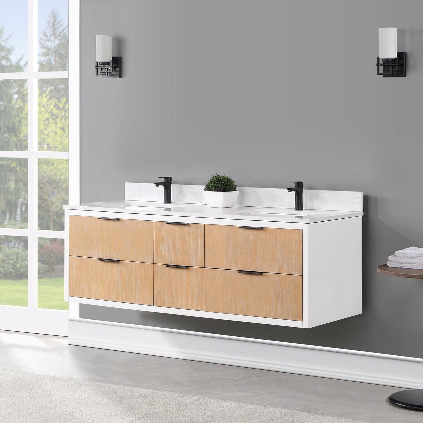 Altair Dione 60" Double Weathered Pine Wall-Mounted Bathroom Vanity Set With Aosta White Composite Stone Top, Double Rectangular Undermount Ceramic Sinks, Overflow, and Backsplash