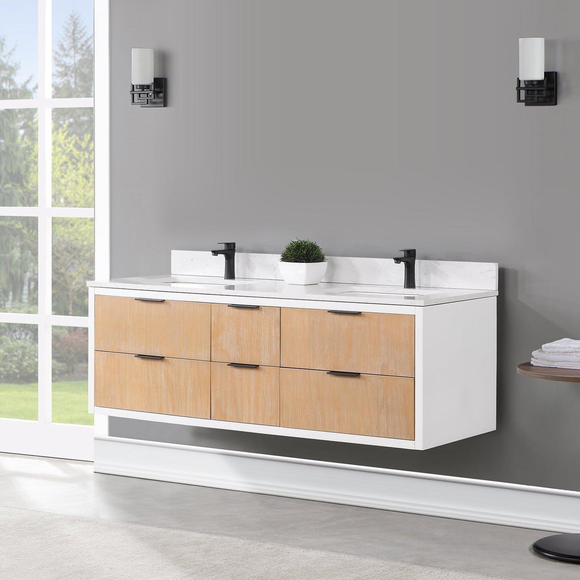 Altair Dione 60" Double Weathered Pine Wall-Mounted Bathroom Vanity Set With Aosta White Composite Stone Top, Double Rectangular Undermount Ceramic Sinks, Overflow, and Backsplash