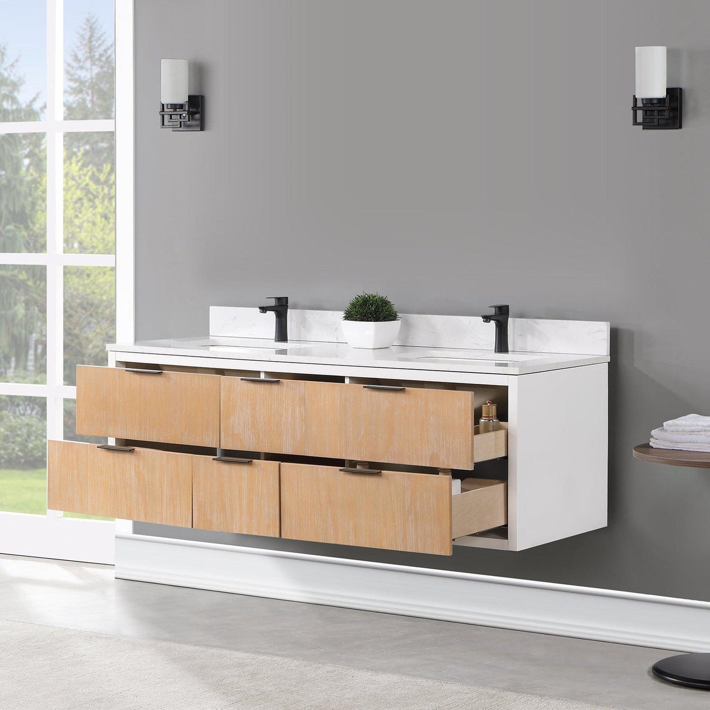 Altair Dione 60" Double Weathered Pine Wall-Mounted Bathroom Vanity Set With Aosta White Composite Stone Top, Double Rectangular Undermount Ceramic Sinks, Overflow, and Backsplash