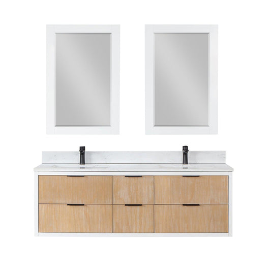 Altair Dione 60" Double Weathered Pine Wall-Mounted Bathroom Vanity Set With Mirror, Aosta White Composite Stone Top, Double Rectangular Undermount Ceramic Sinks, Overflow, and Backsplash