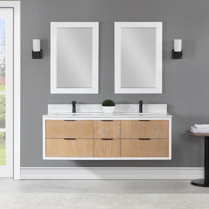 Altair Dione 60" Double Weathered Pine Wall-Mounted Bathroom Vanity Set With Mirror, Aosta White Composite Stone Top, Double Rectangular Undermount Ceramic Sinks, Overflow, and Backsplash