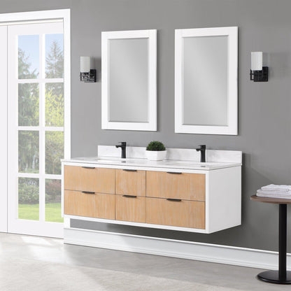 Altair Dione 60" Double Weathered Pine Wall-Mounted Bathroom Vanity Set With Mirror, Aosta White Composite Stone Top, Double Rectangular Undermount Ceramic Sinks, Overflow, and Backsplash