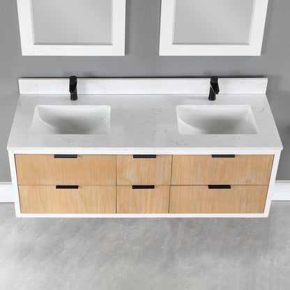 Altair Dione 60" Double Weathered Pine Wall-Mounted Bathroom Vanity Set With Mirror, Aosta White Composite Stone Top, Double Rectangular Undermount Ceramic Sinks, Overflow, and Backsplash