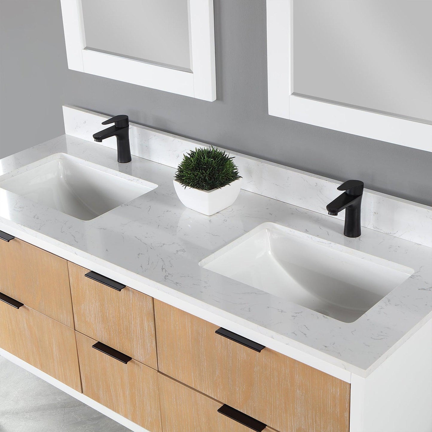 Altair Dione 60" Double Weathered Pine Wall-Mounted Bathroom Vanity Set With Mirror, Aosta White Composite Stone Top, Double Rectangular Undermount Ceramic Sinks, Overflow, and Backsplash