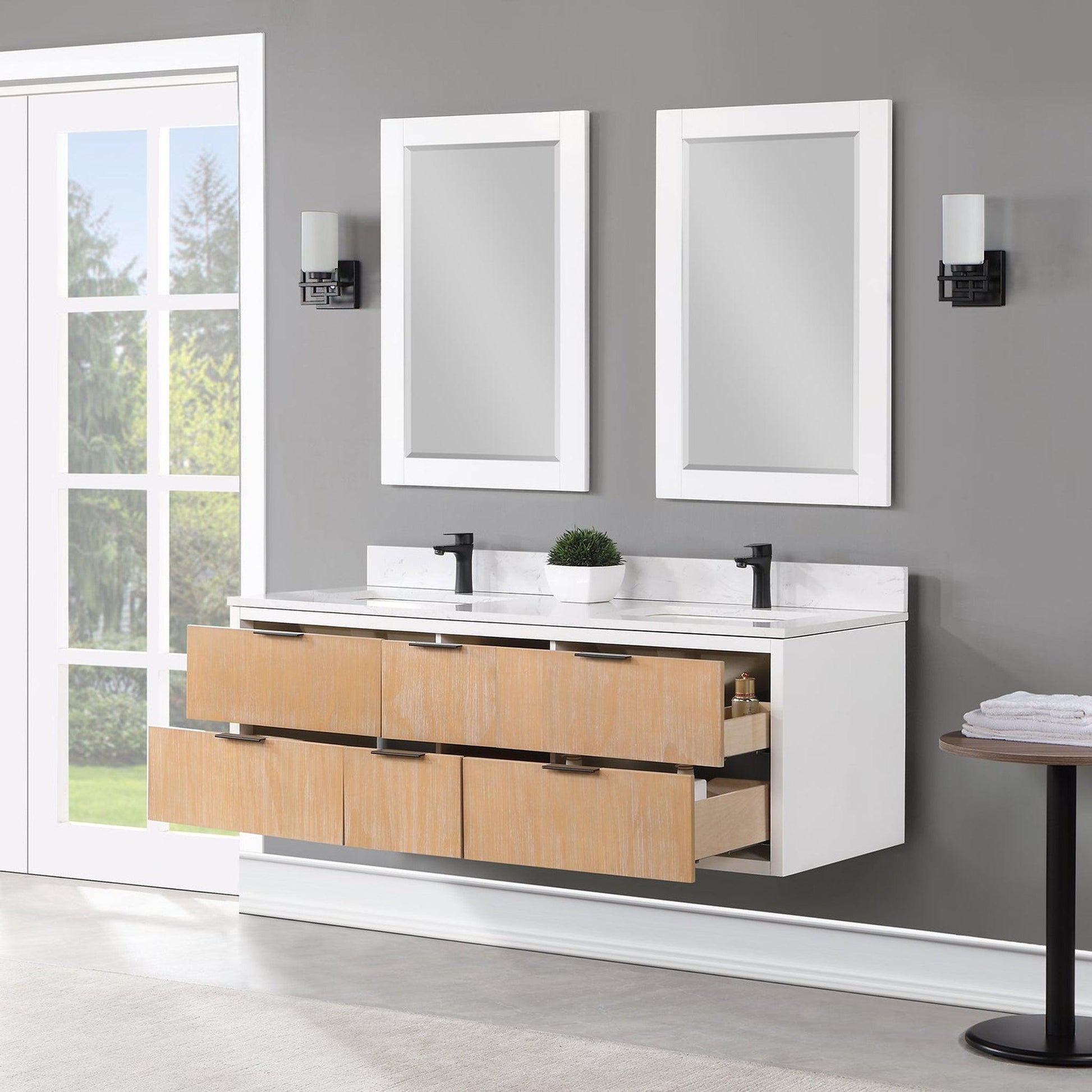 Altair Dione 60" Double Weathered Pine Wall-Mounted Bathroom Vanity Set With Mirror, Aosta White Composite Stone Top, Double Rectangular Undermount Ceramic Sinks, Overflow, and Backsplash