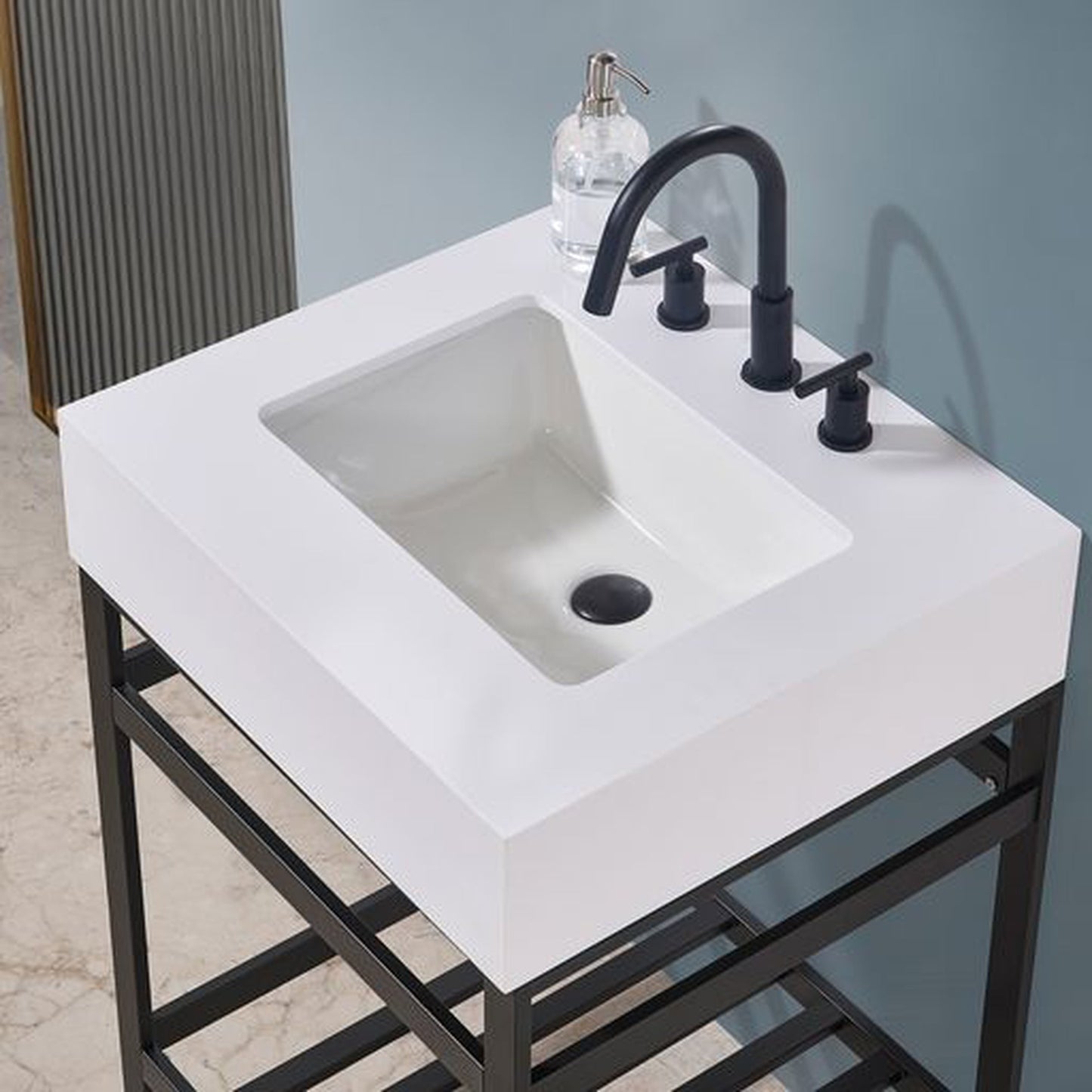 Altair Edolo 24" Matte Black Single Stainless Steel Bathroom Vanity Set Console With Mirror, Snow White Stone Top, Single Rectangular Undermount Ceramic Sink, and Safety Overflow Hole