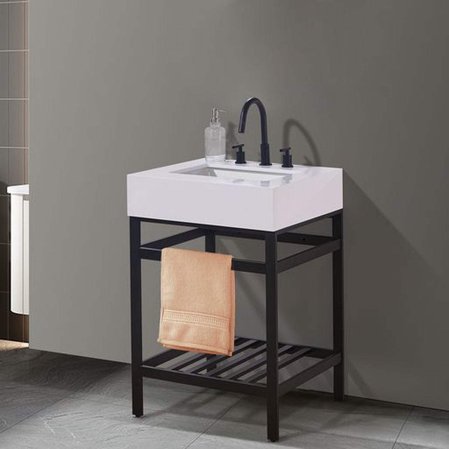 Altair Edolo 24" Matte Black Single Stainless Steel Bathroom Vanity Set Console With Snow White Stone Top, Single Rectangular Undermount Ceramic Sink, and Safety Overflow Hole
