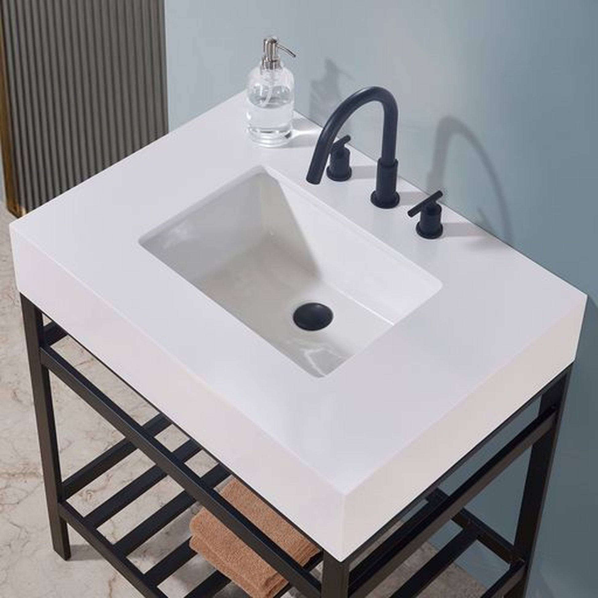 Altair Edolo 30" Matte Black Single Stainless Steel Bathroom Vanity Set Console With Mirror, Snow White Stone Top, Single Rectangular Undermount Ceramic Sink, and Safety Overflow Hole
