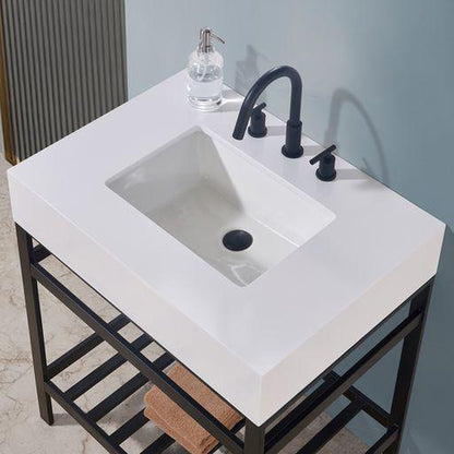 Altair Edolo 30" Matte Black Single Stainless Steel Bathroom Vanity Set Console With Snow White Stone Top, Single Rectangular Undermount Ceramic Sink, and Safety Overflow Hole