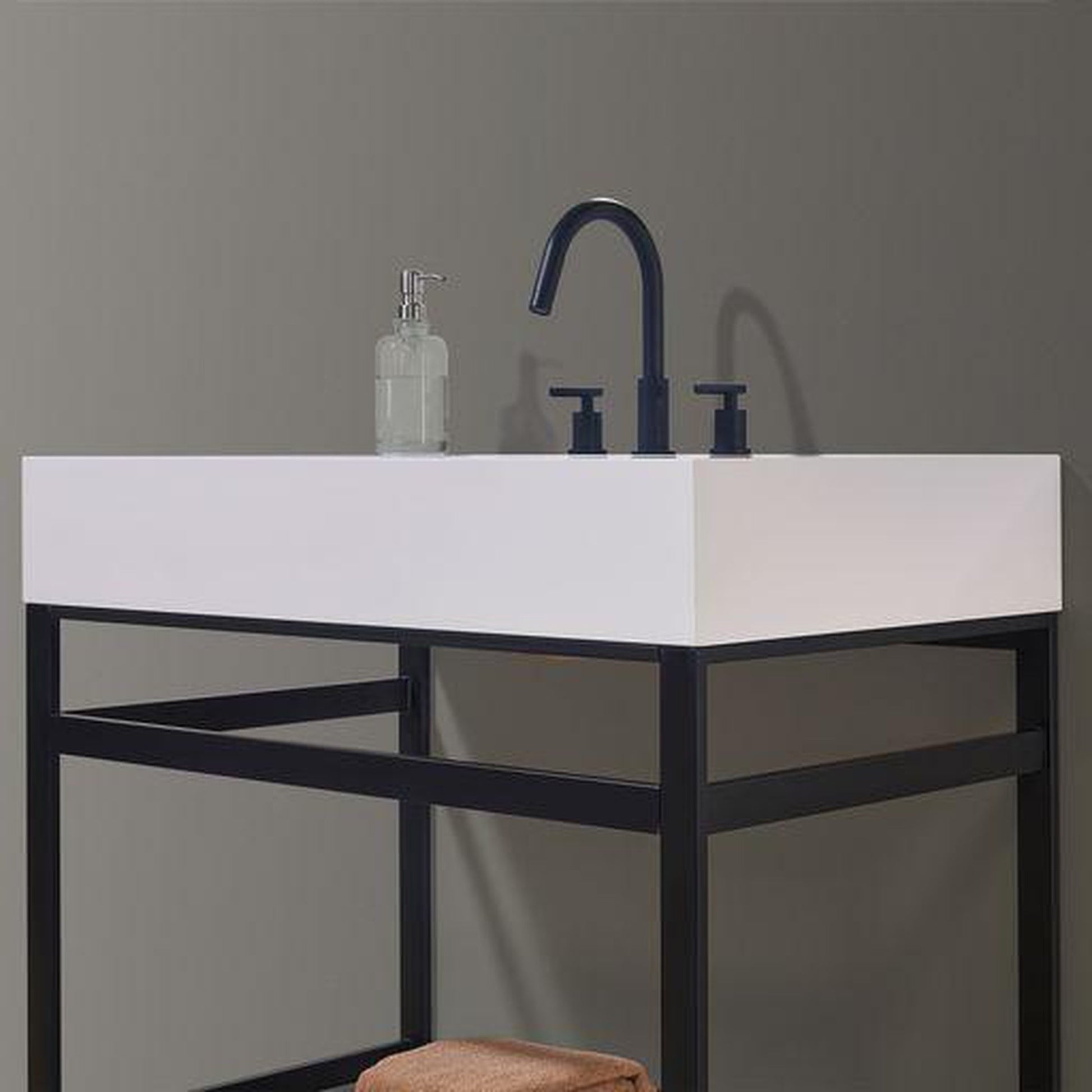 Altair Edolo 36" Matte Black Single Stainless Steel Bathroom Vanity Set Console With Mirror, Snow White Stone Top, Single Rectangular Undermount Ceramic Sink, and Safety Overflow Hole