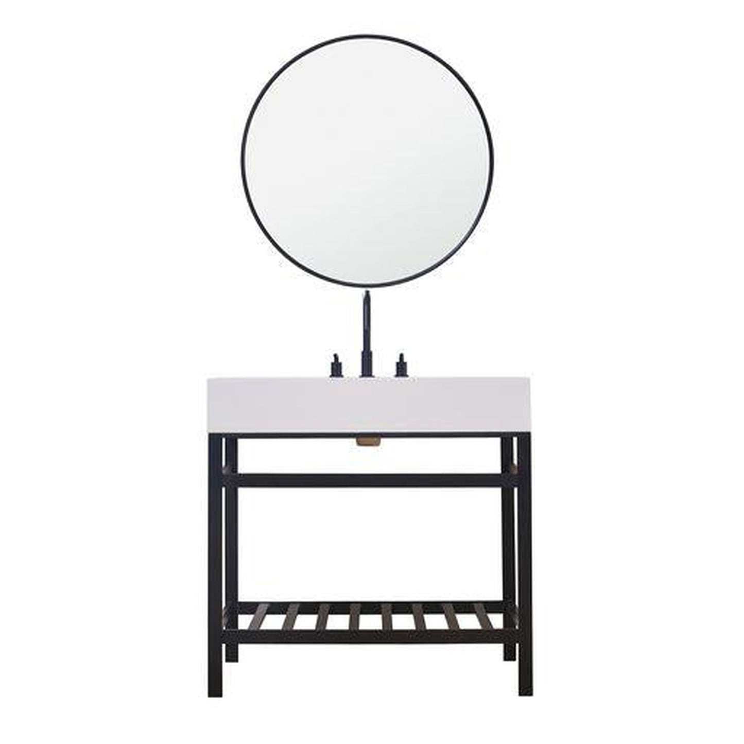 Altair Edolo 36" Matte Black Single Stainless Steel Bathroom Vanity Set Console With Mirror, Snow White Stone Top, Single Rectangular Undermount Ceramic Sink, and Safety Overflow Hole