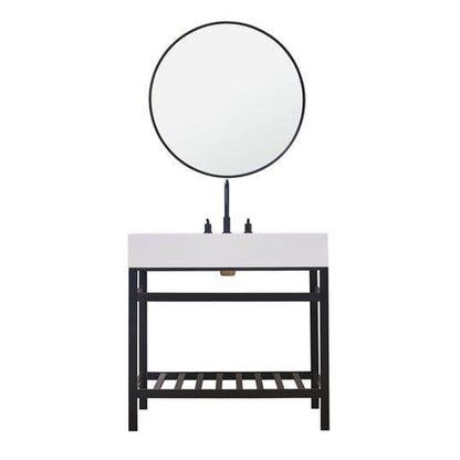 Altair Edolo 36" Matte Black Single Stainless Steel Bathroom Vanity Set Console With Mirror, Snow White Stone Top, Single Rectangular Undermount Ceramic Sink, and Safety Overflow Hole