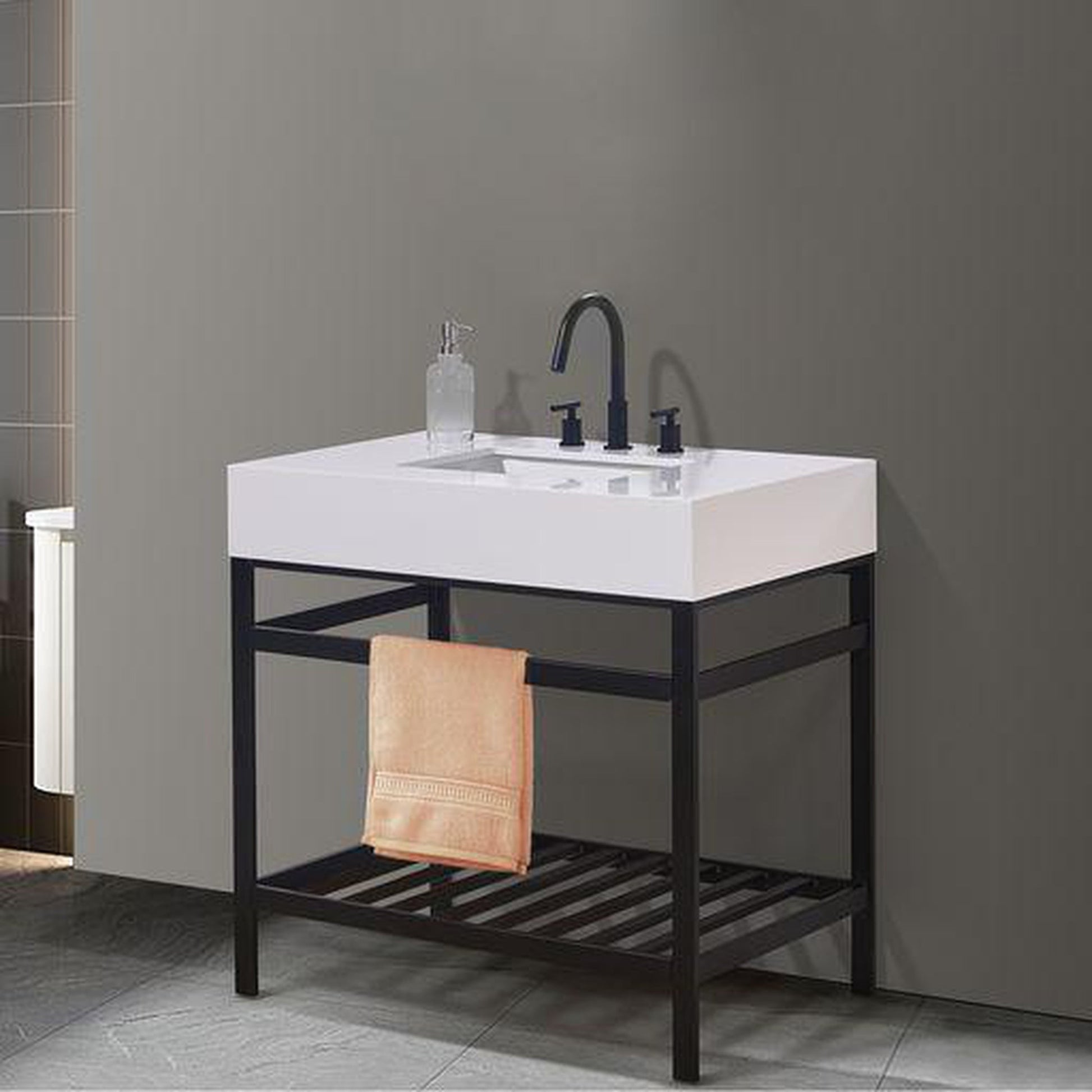 Altair Edolo 36" Matte Black Single Stainless Steel Bathroom Vanity Set Console With Snow White Stone Top, Single Rectangular Undermount Ceramic Sink, and Safety Overflow Hole