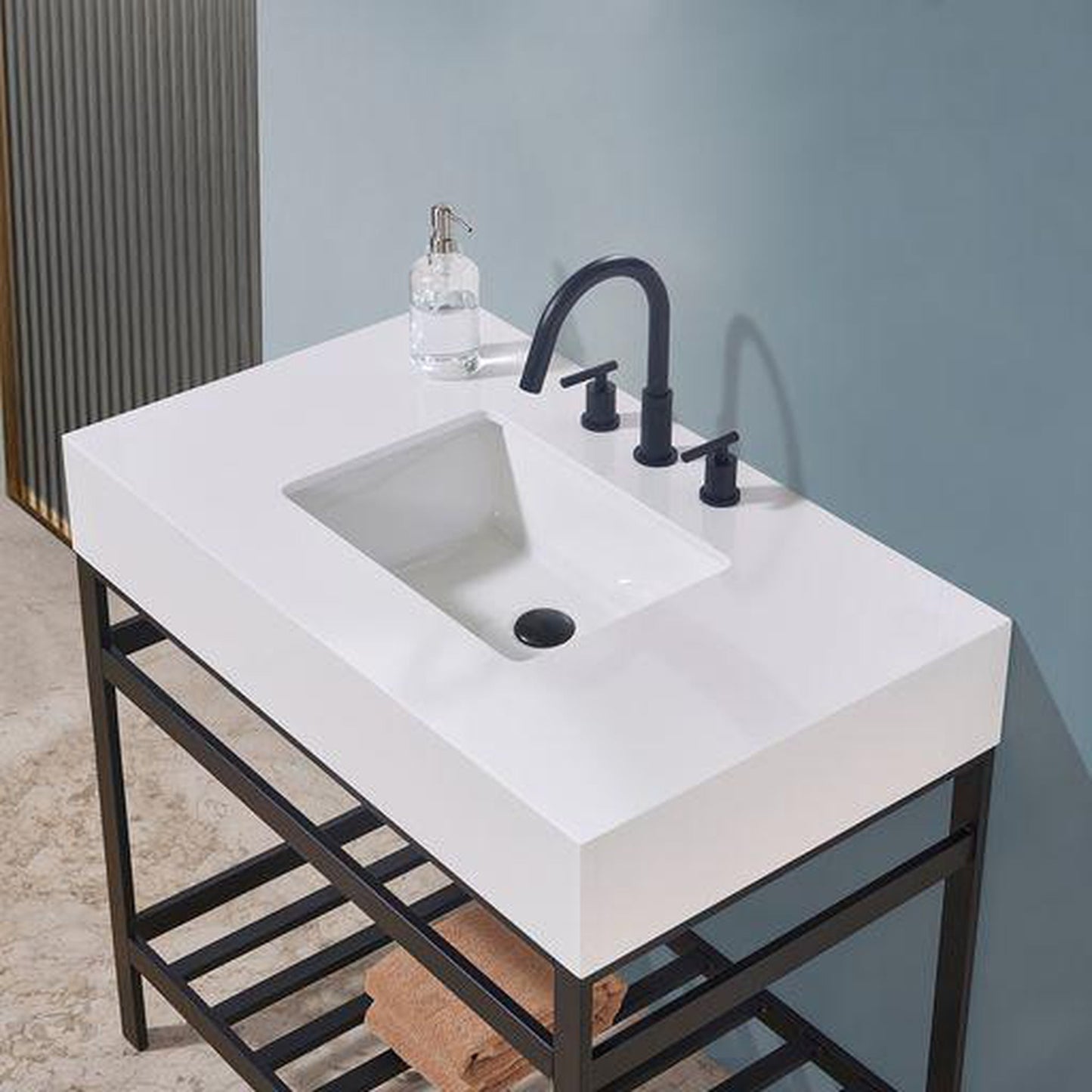 Altair Edolo 36" Matte Black Single Stainless Steel Bathroom Vanity Set Console With Snow White Stone Top, Single Rectangular Undermount Ceramic Sink, and Safety Overflow Hole