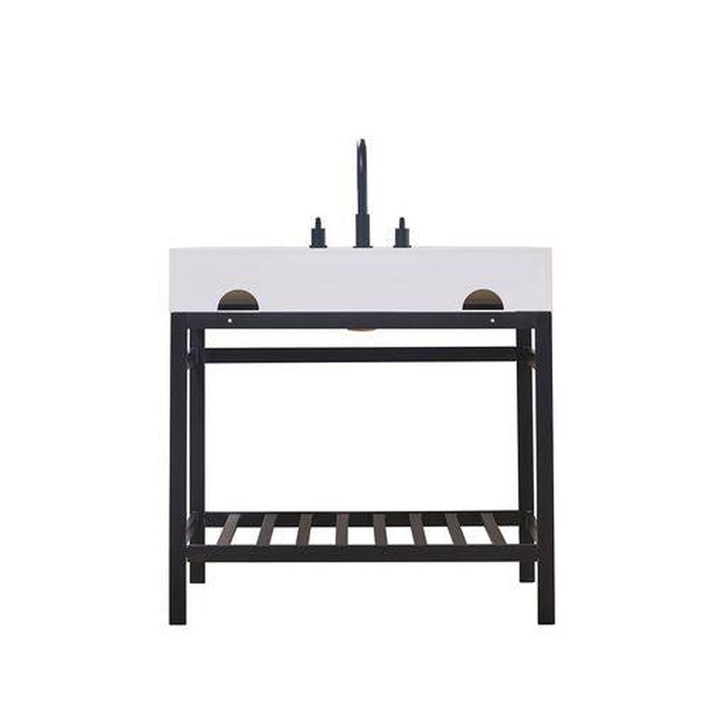 Altair Edolo 36" Matte Black Single Stainless Steel Bathroom Vanity Set Console With Snow White Stone Top, Single Rectangular Undermount Ceramic Sink, and Safety Overflow Hole