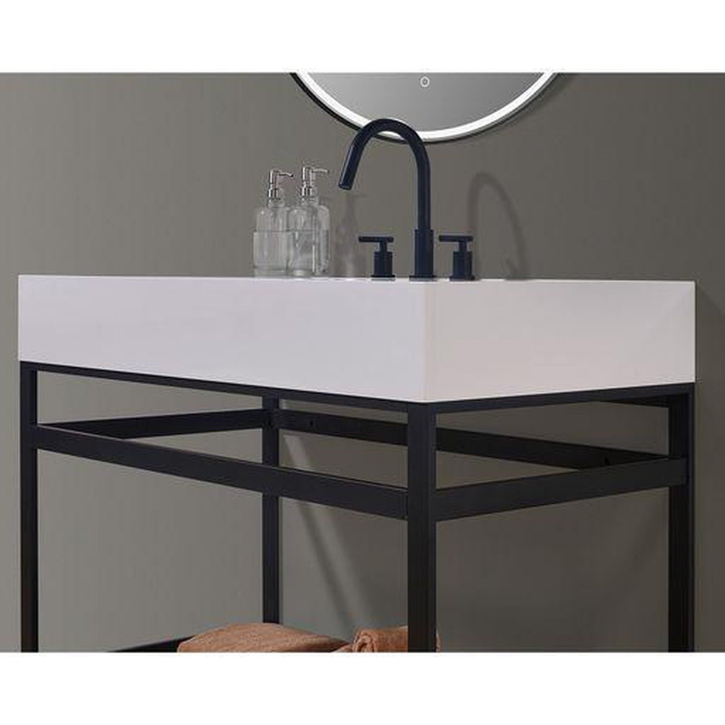 Altair Edolo 42" Matte Black Single Stainless Steel Bathroom Vanity Set Console With Mirror, Snow White Stone Top, Single Rectangular Undermount Ceramic Sink, and Safety Overflow Hole
