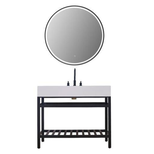 Altair Edolo 42" Matte Black Single Stainless Steel Bathroom Vanity Set Console With Mirror, Snow White Stone Top, Single Rectangular Undermount Ceramic Sink, and Safety Overflow Hole